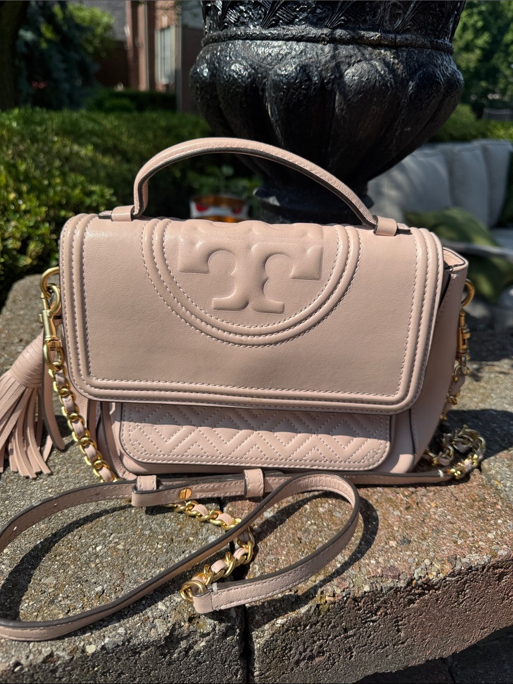 Tory Burch Fleming Blush Quilted Top-Handle Satchel with Tassel - Picture 13 of 13
